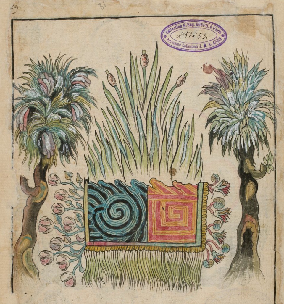 An illustration from a Nahua codex showing a central geometric motif surrounded by trees, reeds, and flowering plants.